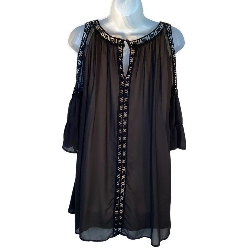 INA Cold Shoulder Bell‎ Sleeve Crochet Mini Shift Dress Black S